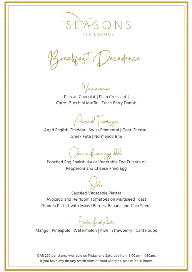 Menu of Seasons Tea Lounge - Four Seasons Hotel, Dafna, Doha  