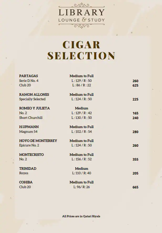 Menu of Library Bar & Cigar Lounge - Four Seasons Hotel, Dafna, Doha  