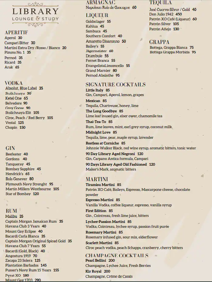 Menu of Library Bar & Cigar Lounge - Four Seasons Hotel, Dafna, Doha  