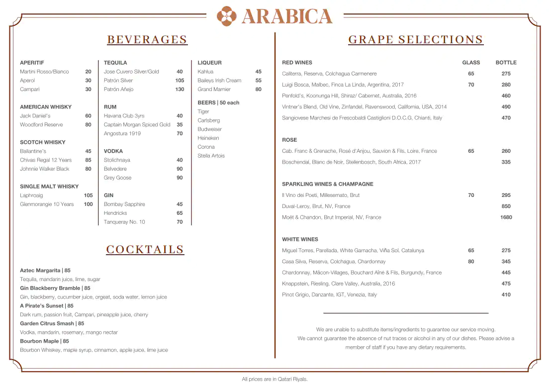 Menu of Arabica Café - Four Seasons Hotel, Dafna, Doha  