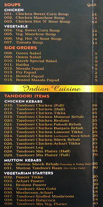 Menu of Haveli Heritage Restaurant, Barwa Village, Doha  