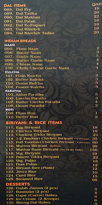 Menu of Haveli Heritage Restaurant, Barwa Village, Doha  