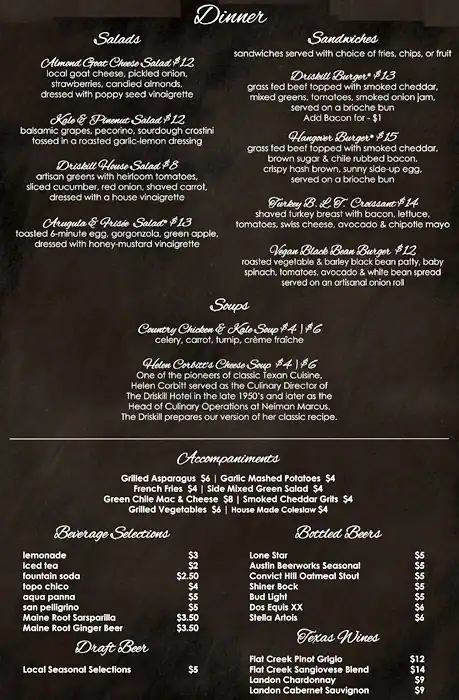 Menu of 1886 Cafe & Bakery - The Driskill, Downtown, Austin  