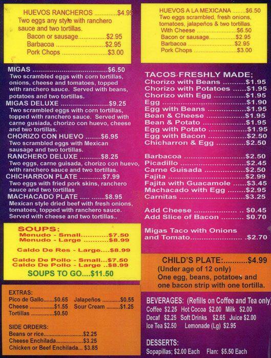 Menu of Angie's Mexican Restaurant, East Cesar Chavez, Austin  