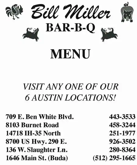 Menu of Bill Miller Bar-B-Q, East Congress, Austin  