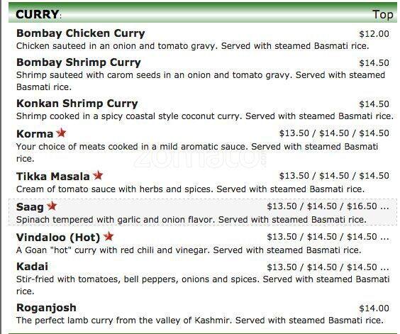 Menu of Bombay Bistro, Arboretum, Austin  