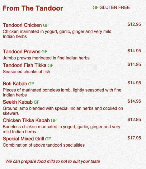 Menu of Bombay Grill Indian Restaurant, Rollingwood, Austin  