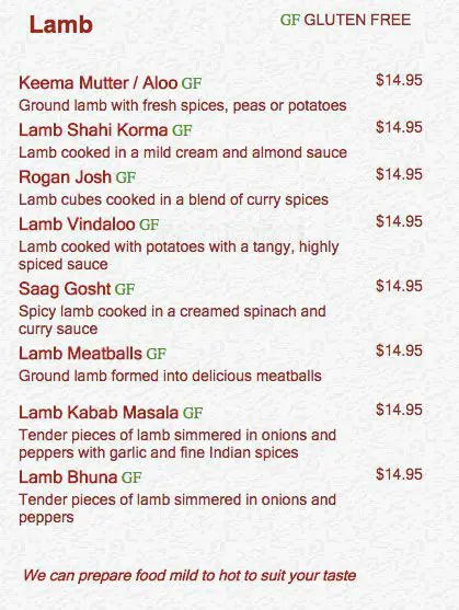 Menu of Bombay Grill Indian Restaurant, Rollingwood, Austin  