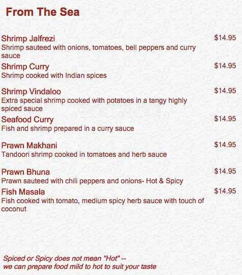 Menu of Bombay Grill Indian Restaurant, Rollingwood, Austin  