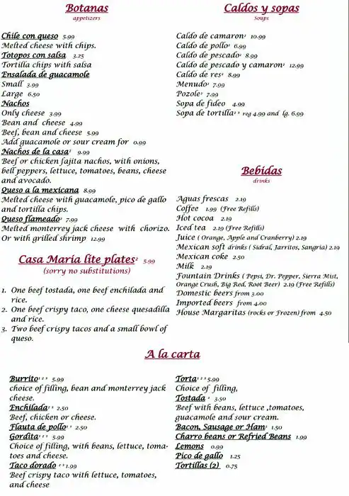 Menu of Casa Maria, West Congress, Austin  