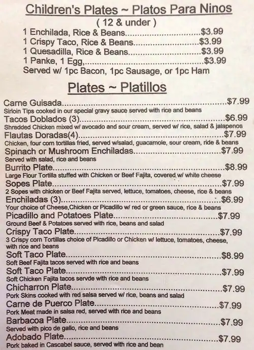 Menu of Cilantro's Mexican Restaurant, Garrison Park, Austin  