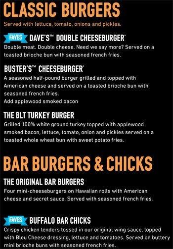 Menu of Dave and Busters, Jollyville, Austin  