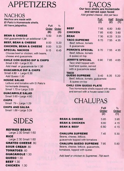 Menu of El Patio, West Campus, Austin  