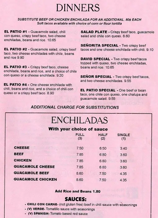 Menu of El Patio, West Campus, Austin  