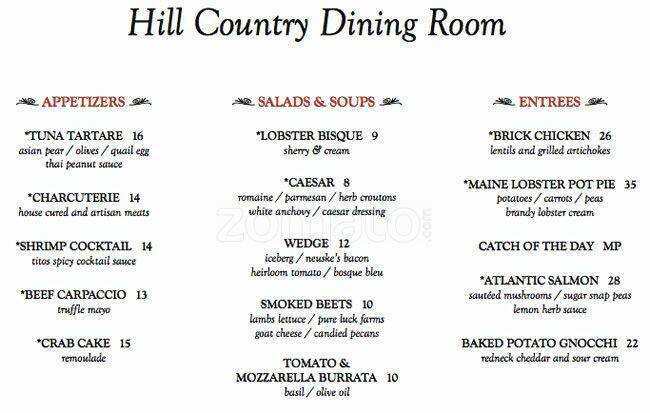 Menu of Hill Country Dining Room, West Lake Hills, Austin  