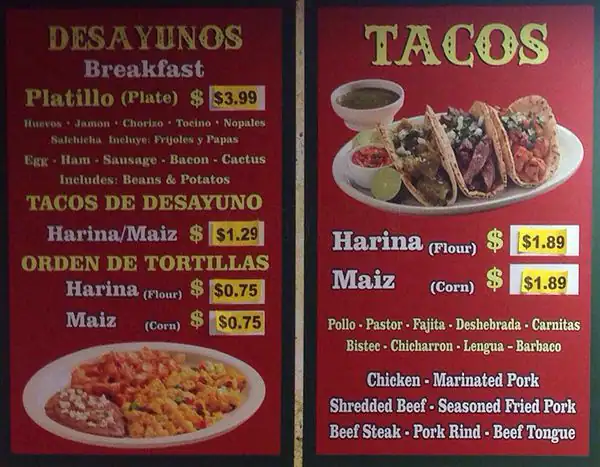 Menu of La Michoacana Taqueria y Panaderia, St Johns, Austin  