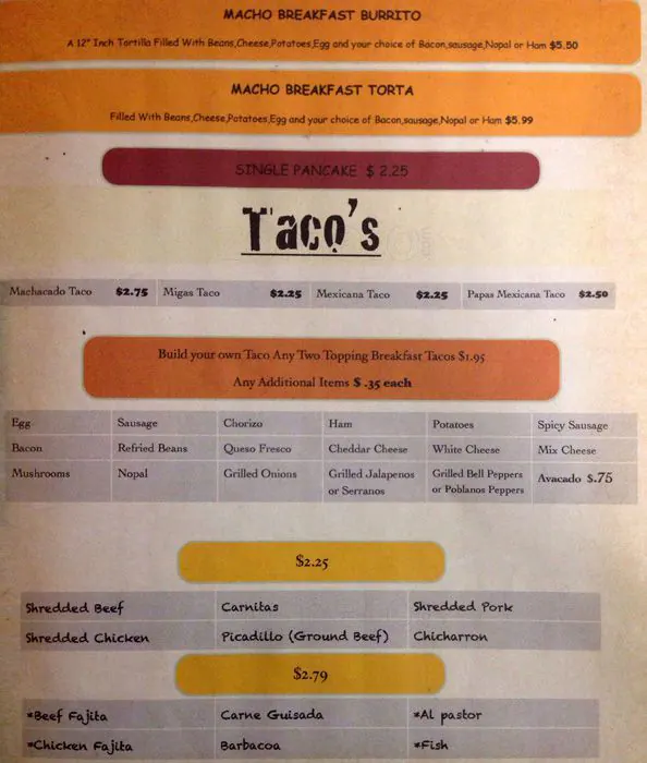 Menu of Macho Taco, Manchaca, Austin  