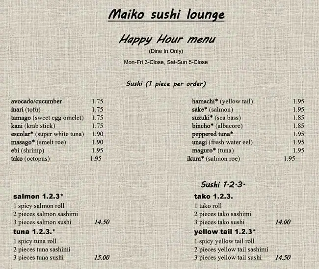 Menu of Maiko Sushi Lounge, Downtown, Austin  