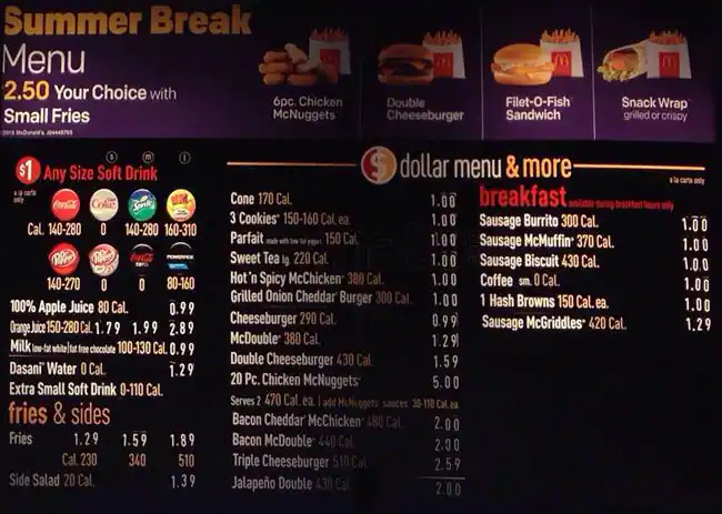 Menu of McDonald's, Southpark Meadows, Austin  