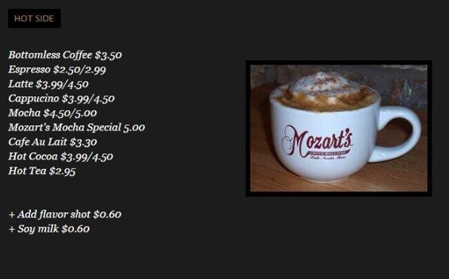 Menu of Mozart's Coffee Roasters, Clarksville, Austin  