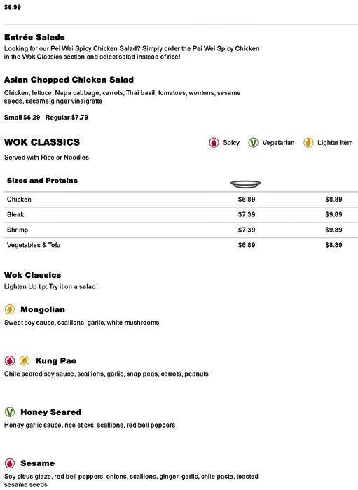 Menu of Pei Wei, Windemere, Austin  