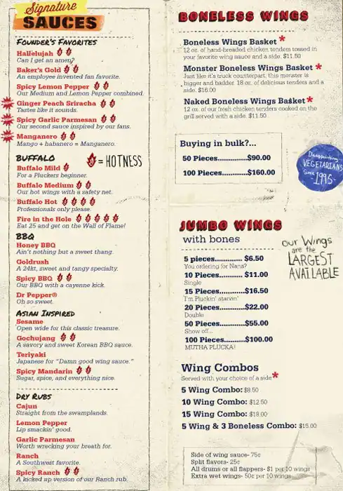 Menu of Pluckers Wing Bar, West Campus, Austin  
