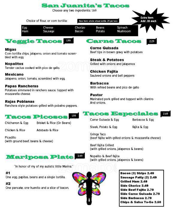 Menu of San Juanita's Tacos, West Congress, Austin  
