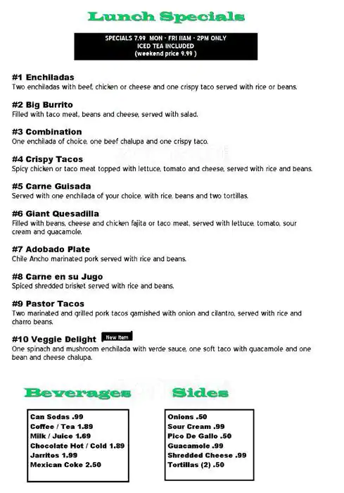 Menu of San Juanita's Tacos, West Congress, Austin  