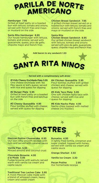 Menu of Santa Rita Tex-Mex Cantina, Rosedale, Austin  