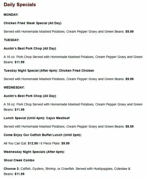 Menu of Shoal Creek Saloon, Downtown, Austin  