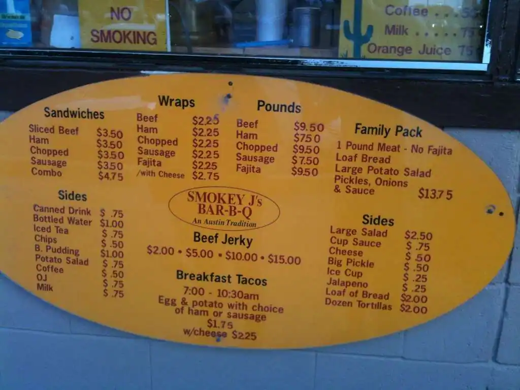 Menu of Smokey J's Barbeque, Lake Travis Area, Austin  