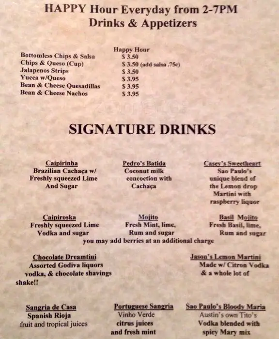 Menu of São Paulo's, Rosewood, Austin  