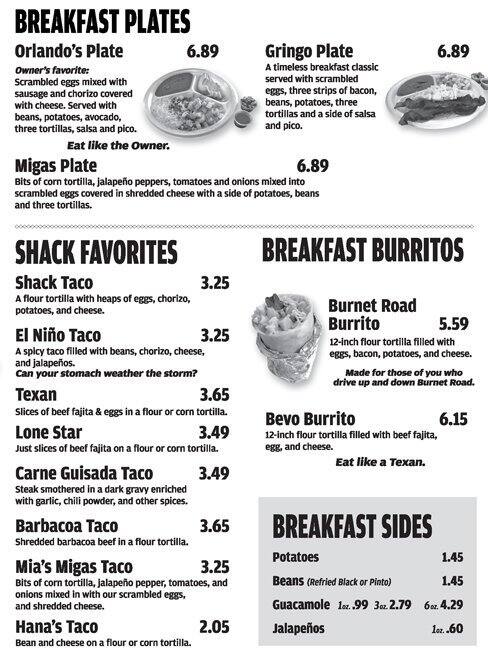 Menu of Taco Shack, North Burnet, Austin  