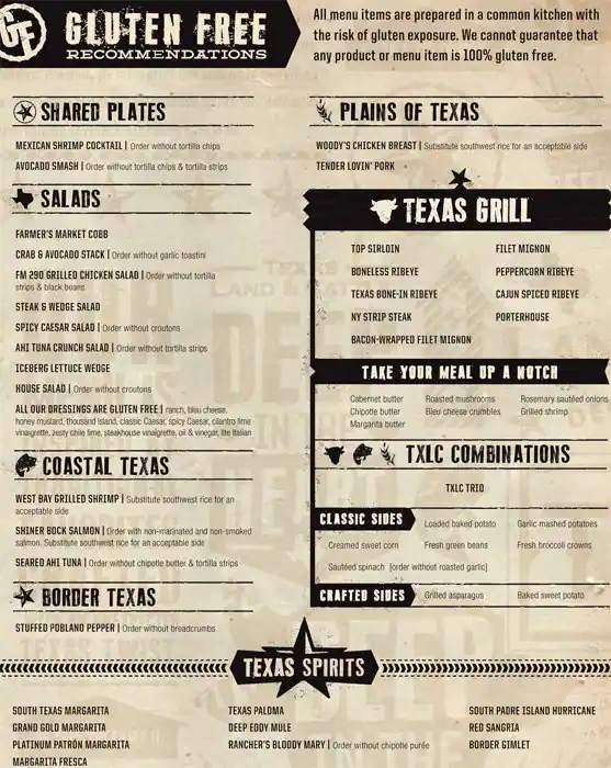 Menu of Texas Land & Cattle Steak House, East Congress, Austin  