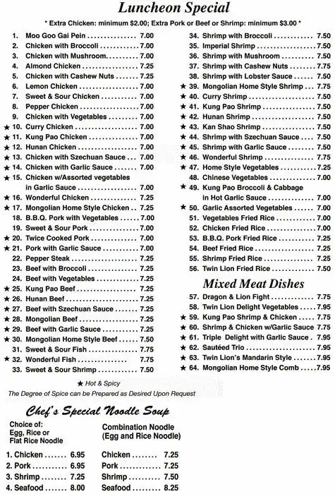 Menu of Twin Lion Chinese Restaurant, Arboretum, Austin  