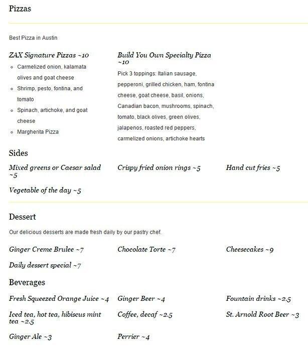 Menu of Zax Restaurant & Bar, Bouldin, Austin  