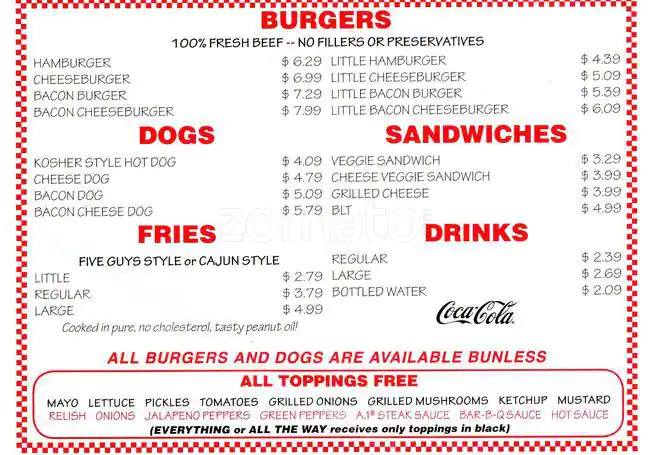 Menu of Five Guys Burgers and Fries, West Campus, Austin  