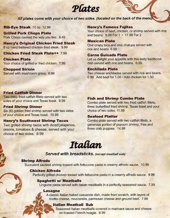 Menu of Henry's Restaurant, Lockhart, Caldwell County  