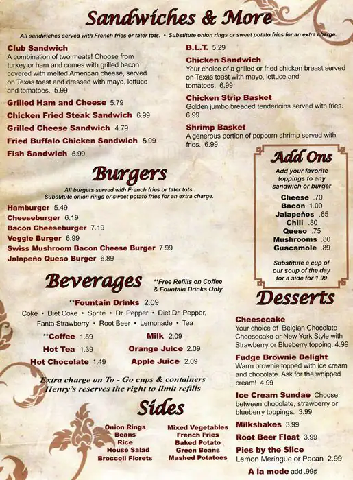 Menu of Henry's Restaurant, Lockhart, Caldwell County  