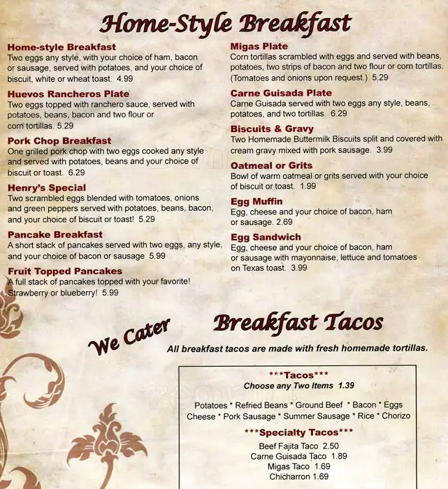 Menu of Henry's Restaurant, Lockhart, Caldwell County  