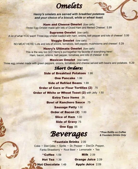 Menu of Henry's Restaurant, Lockhart, Caldwell County  