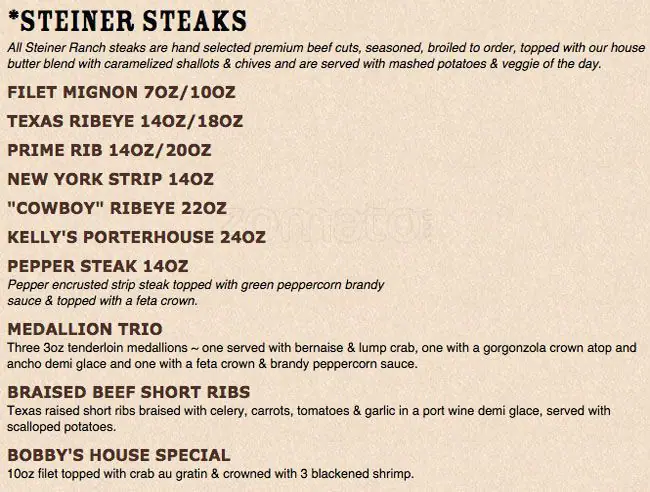 Menu of Steiner Ranch Steakhouse, Lake Travis Area, Austin  
