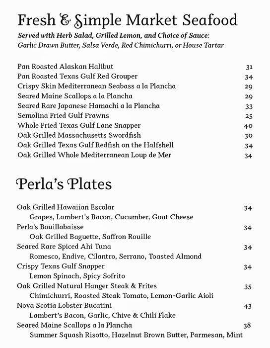 Menu of Perla's Seafood and Oyster Bar, Bouldin, Austin  