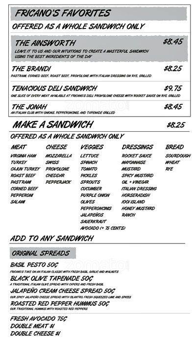 Menu of Fricano's Deli, West Campus, Austin  