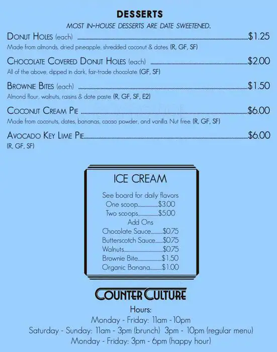 Menu of Counter Culture, East Cesar Chavez, Austin  