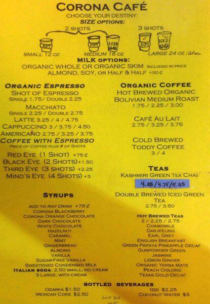 Menu of Corona Cafe, Windsor Park, Austin  
