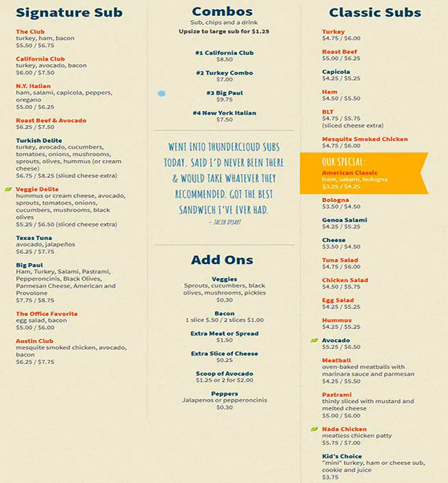Menu of Thundercloud Subs, Cedar Park, Cedar Park  