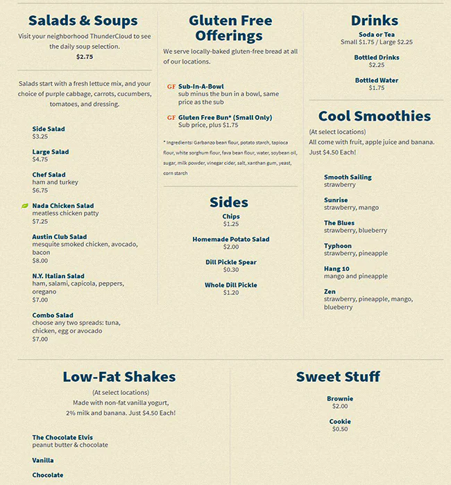 Menu of Thundercloud Subs, Cedar Park, Cedar Park  
