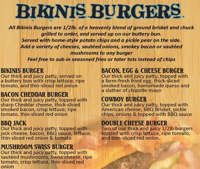 Menu of Bikinis Sports Bar & Grill, Downtown, Austin  