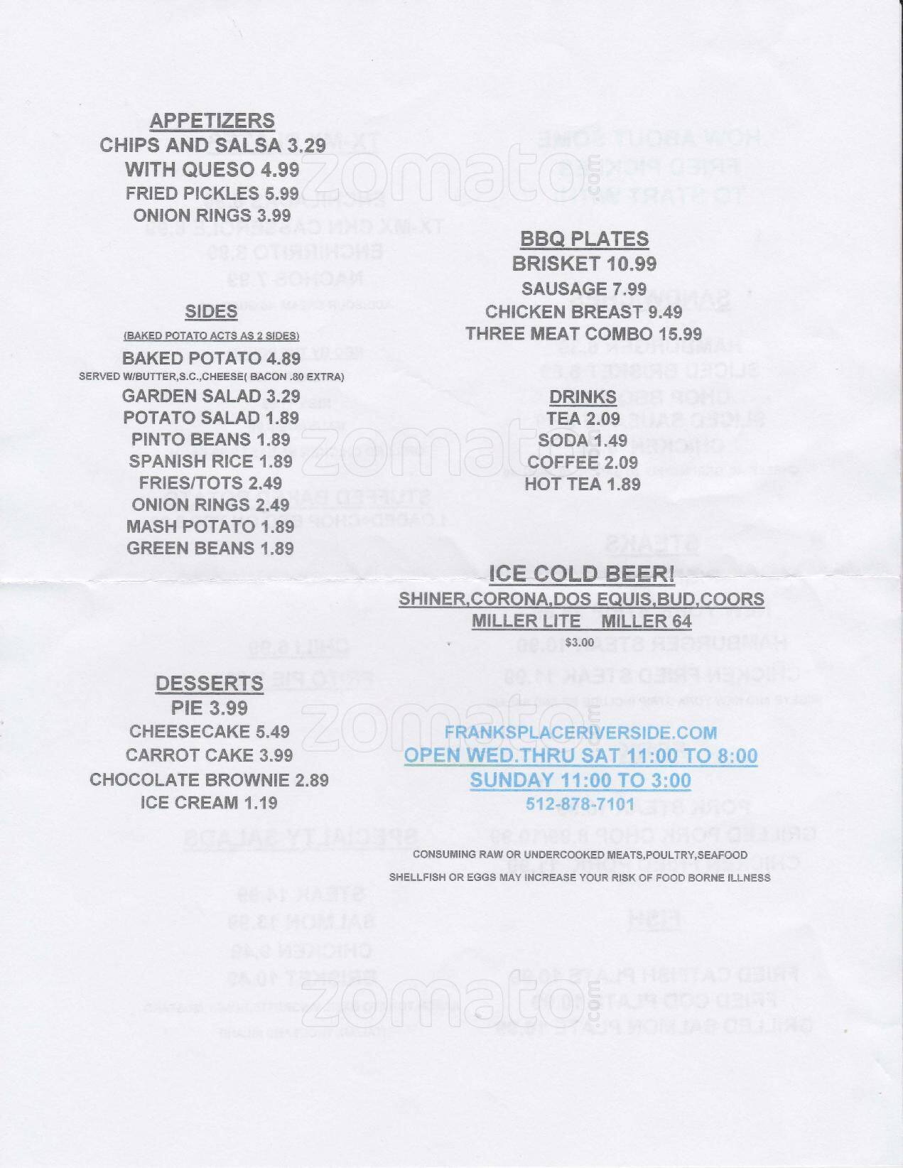 Menu of Frank's Place, Fentress, Caldwell County  